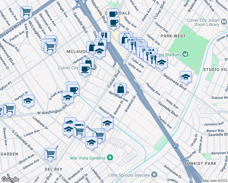 map of restaurants, bars, coffee shops, grocery stores, and more near 4432 Berryman Avenue in Culver City