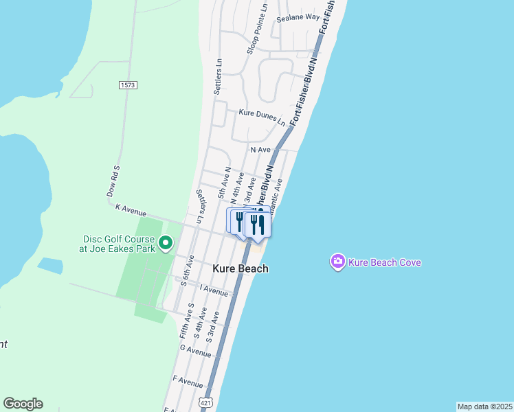 map of restaurants, bars, coffee shops, grocery stores, and more near 218 Fort Fisher Boulevard North in Kure Beach