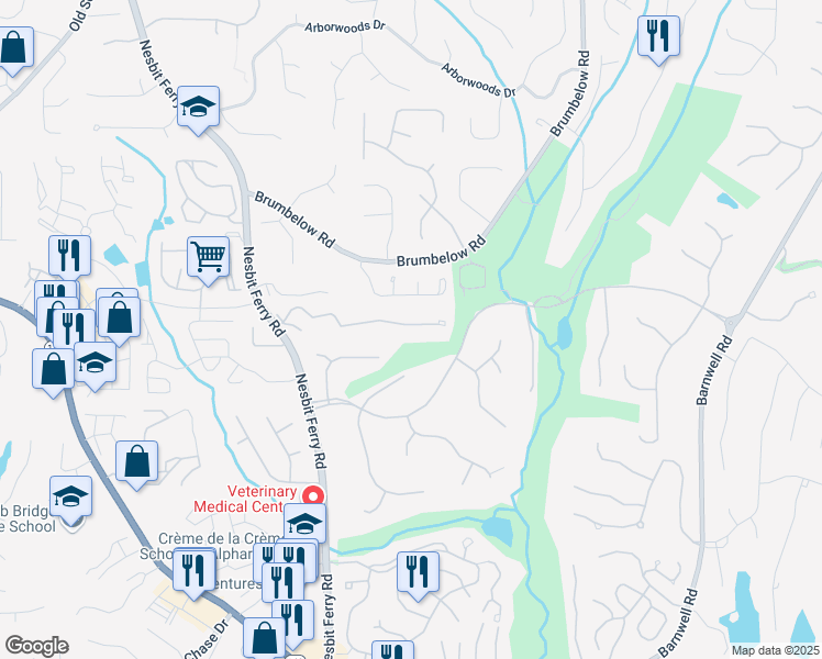map of restaurants, bars, coffee shops, grocery stores, and more near 9155 Nesbit Ferry Road in Alpharetta