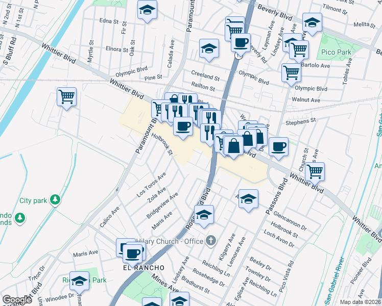 map of restaurants, bars, coffee shops, grocery stores, and more near 8820 Underwood Street in Pico Rivera
