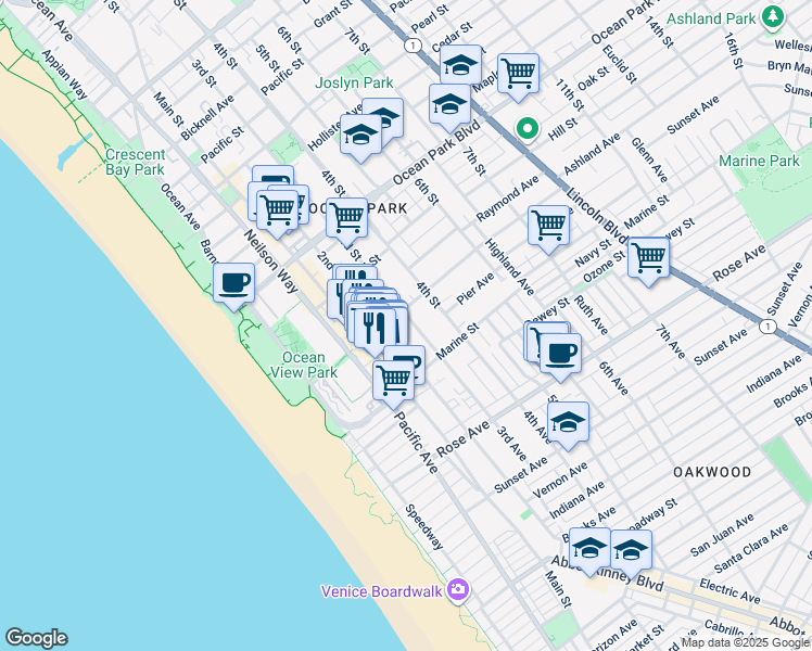 map of restaurants, bars, coffee shops, grocery stores, and more near 2912 3rd Street in Santa Monica