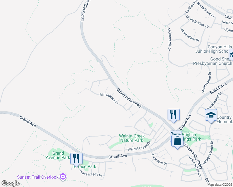 map of restaurants, bars, coffee shops, grocery stores, and more near 13931 Shady Grove Lane in Chino Hills