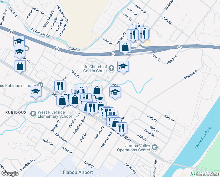 map of restaurants, bars, coffee shops, grocery stores, and more near 5578 34th Street in Riverside