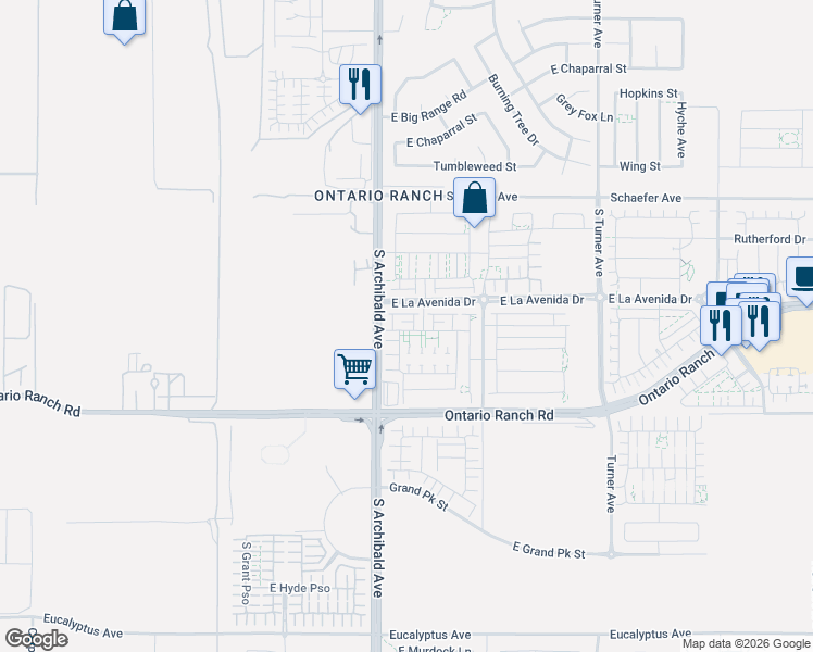 map of restaurants, bars, coffee shops, grocery stores, and more near 2747 East La Avenida Drive in Ontario