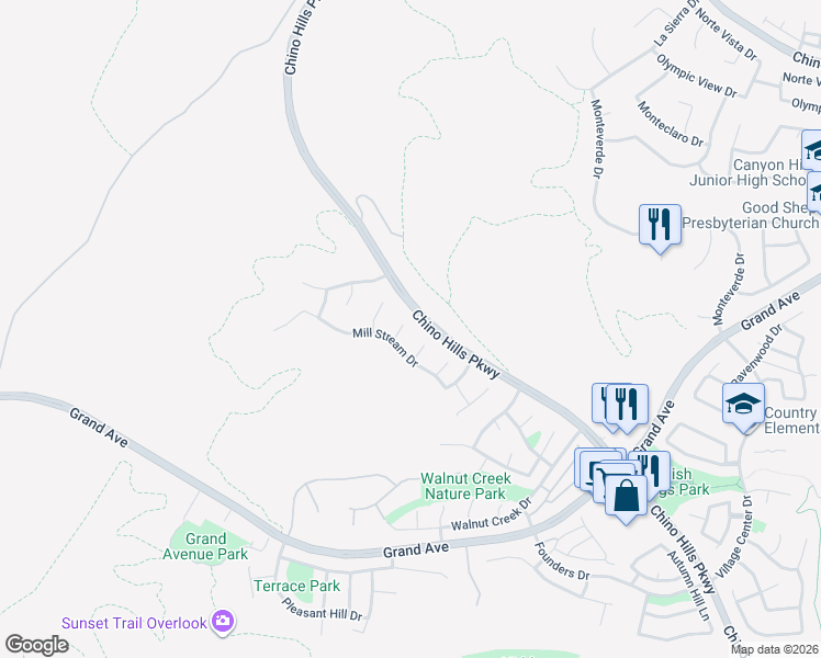 map of restaurants, bars, coffee shops, grocery stores, and more near 13931 Shady Grove Lane in Chino Hills