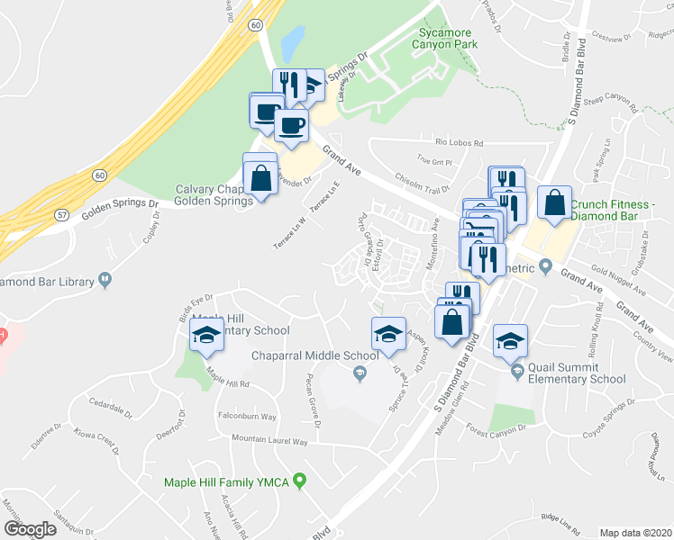 map of restaurants, bars, coffee shops, grocery stores, and more near 1301 Solera Lane in Diamond Bar