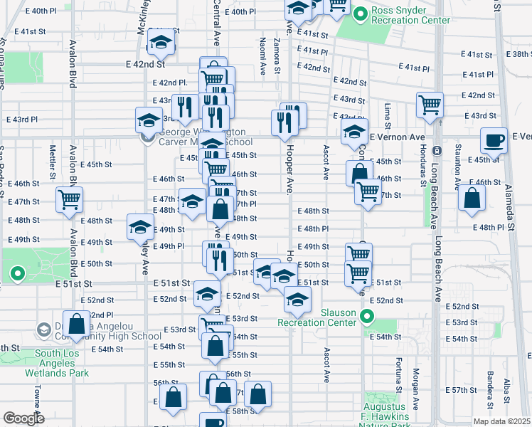 map of restaurants, bars, coffee shops, grocery stores, and more near 1208 East 47th Place in Los Angeles
