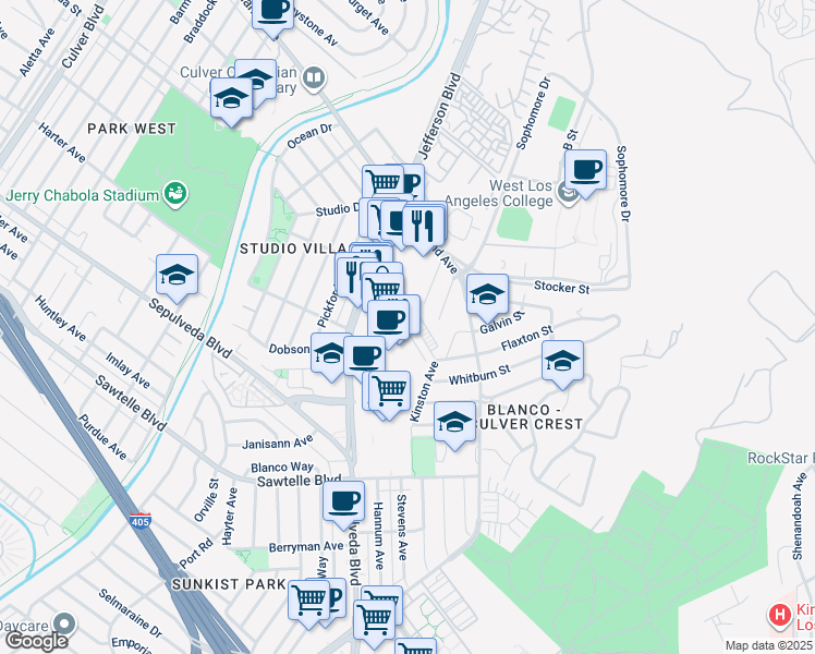 map of restaurants, bars, coffee shops, grocery stores, and more near 5467 Kinston Avenue in Culver City