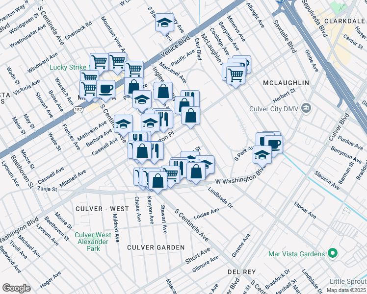map of restaurants, bars, coffee shops, grocery stores, and more near 12072 Lamanda Street in Los Angeles