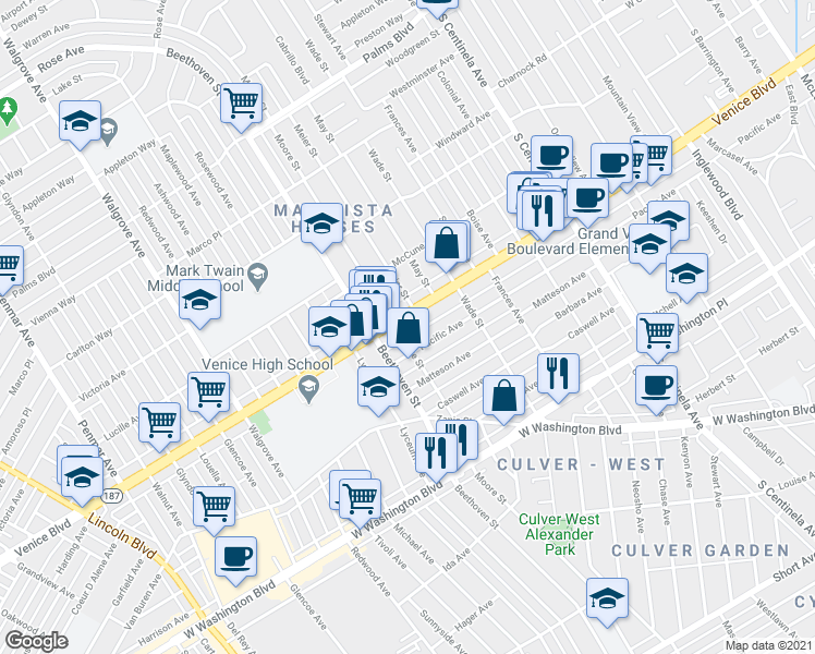 map of restaurants, bars, coffee shops, grocery stores, and more near 12777 Venice Boulevard in Los Angeles
