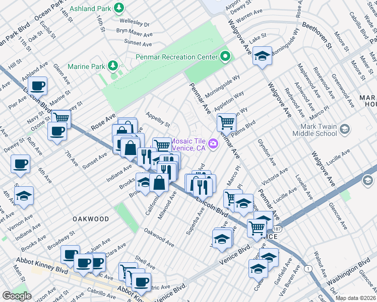 map of restaurants, bars, coffee shops, grocery stores, and more near 1011 Elkgrove Avenue in Los Angeles