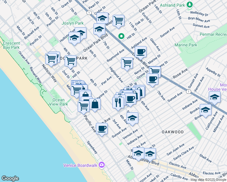map of restaurants, bars, coffee shops, grocery stores, and more near 4 Marine Street in Santa Monica