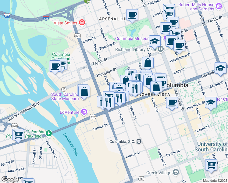 map of restaurants, bars, coffee shops, grocery stores, and more near 106 Pulaski Street in Columbia