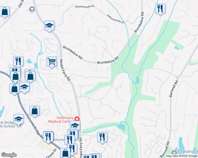 map of restaurants, bars, coffee shops, grocery stores, and more near 9155 Nesbit Ferry Road in Alpharetta
