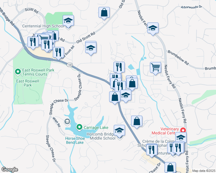 map of restaurants, bars, coffee shops, grocery stores, and more near 2579 Holcomb Bridge Road in Alpharetta