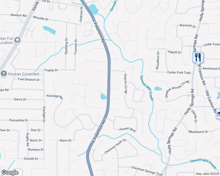 map of restaurants, bars, coffee shops, grocery stores, and more near Abbey Cove Court in Marietta