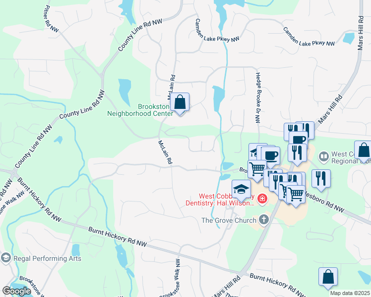 map of restaurants, bars, coffee shops, grocery stores, and more near 5531 Heatherbrooke Drive Northwest in Acworth