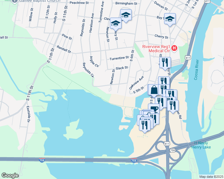 map of restaurants, bars, coffee shops, grocery stores, and more near 919 Newton Street in Gadsden