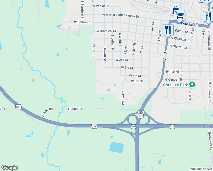 map of restaurants, bars, coffee shops, grocery stores, and more near 1119 Wind Haven Drive in Hugo