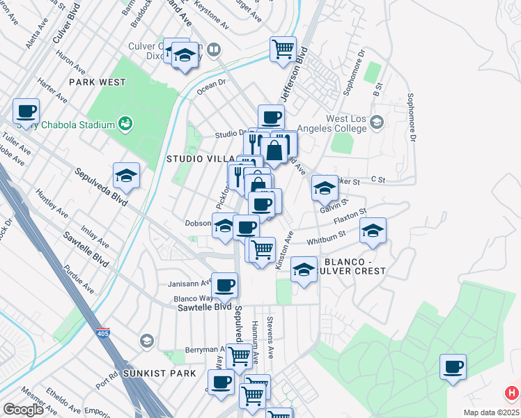 map of restaurants, bars, coffee shops, grocery stores, and more near 5467 Kinston Avenue in Culver City