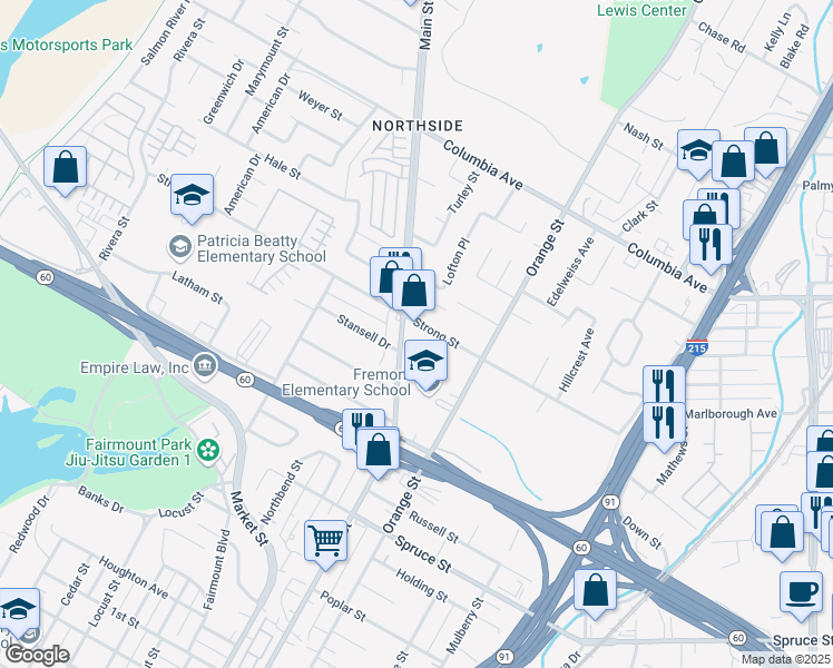 map of restaurants, bars, coffee shops, grocery stores, and more near 1710 Main Street in Riverside