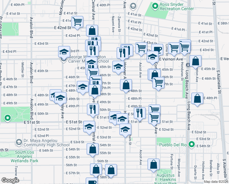 map of restaurants, bars, coffee shops, grocery stores, and more near 1208 East 47th Place in Los Angeles