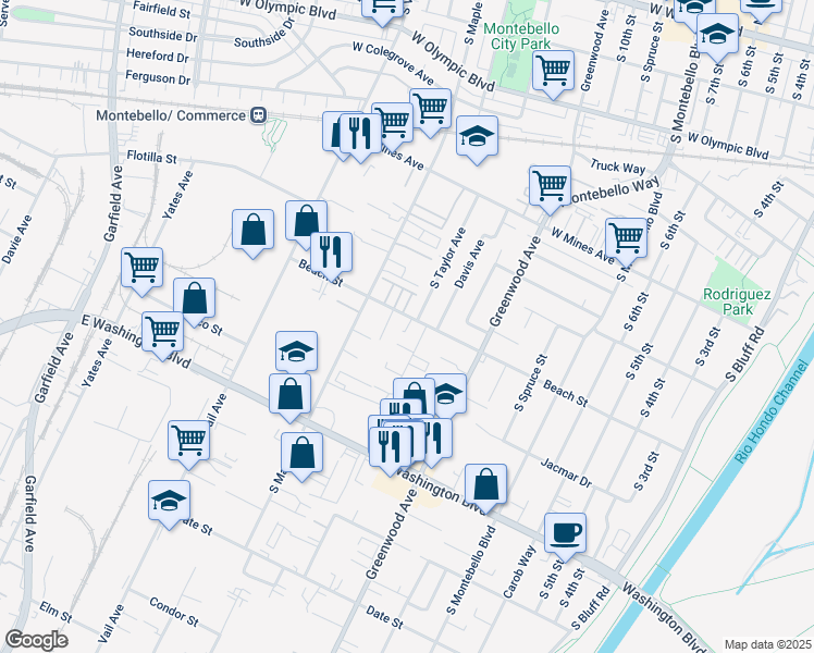 map of restaurants, bars, coffee shops, grocery stores, and more near 1239 Beach Street in Montebello