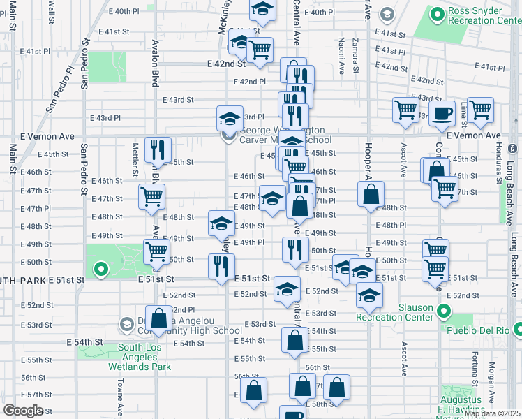 map of restaurants, bars, coffee shops, grocery stores, and more near 976 East 47th Street in Los Angeles
