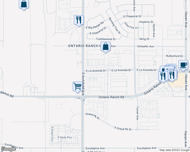 map of restaurants, bars, coffee shops, grocery stores, and more near 4033 South Cellars Way in Ontario