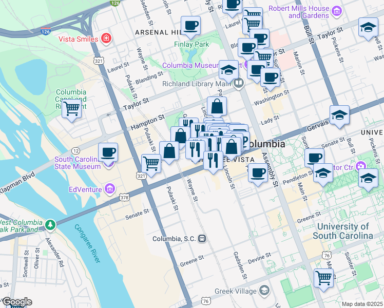 map of restaurants, bars, coffee shops, grocery stores, and more near in Columbia