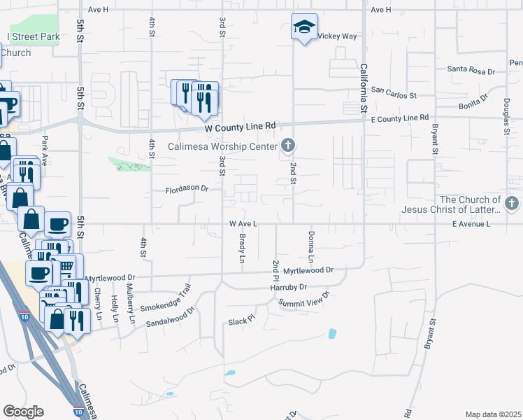 map of restaurants, bars, coffee shops, grocery stores, and more near 244 West Avenue L in Calimesa