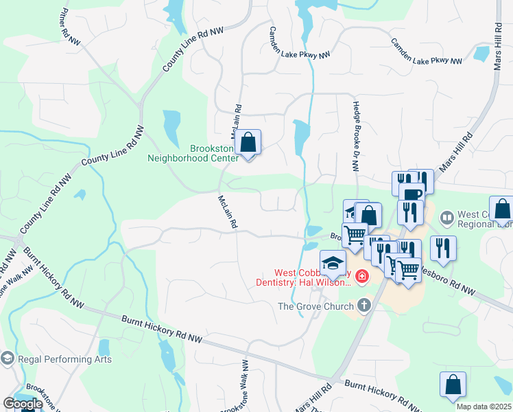 map of restaurants, bars, coffee shops, grocery stores, and more near 5531 Heatherbrooke Drive Northwest in Acworth
