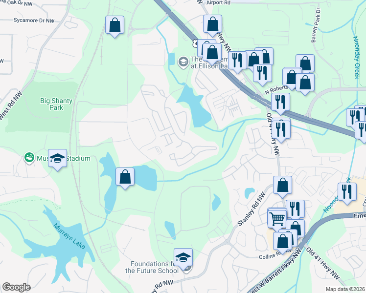 map of restaurants, bars, coffee shops, grocery stores, and more near 2100 Ellison Lakes Drive in Kennesaw