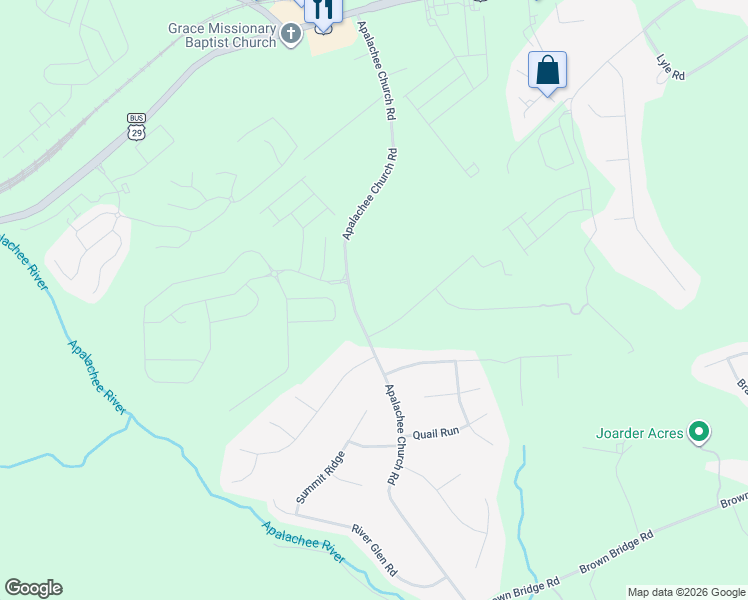 map of restaurants, bars, coffee shops, grocery stores, and more near 160 Apalachee Church Road in Auburn