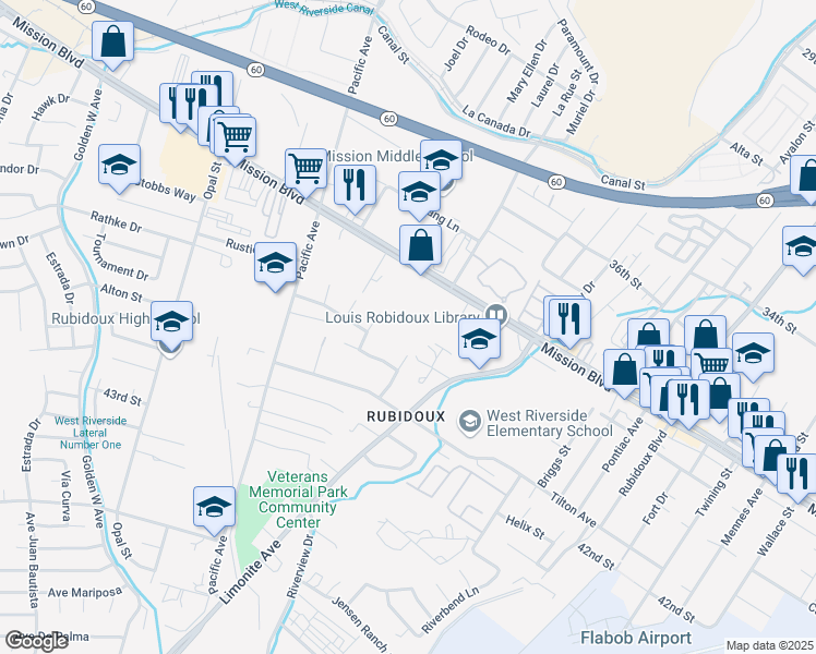 map of restaurants, bars, coffee shops, grocery stores, and more near 4077 Riverview Drive in Riverside