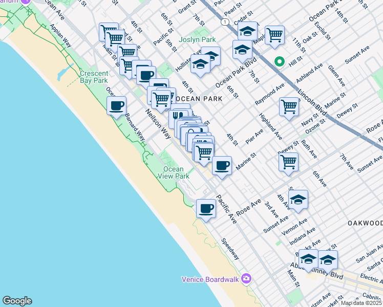 map of restaurants, bars, coffee shops, grocery stores, and more near 2727 Main Street in Santa Monica