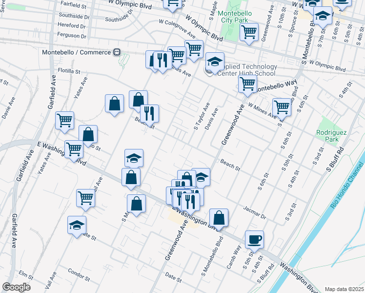 map of restaurants, bars, coffee shops, grocery stores, and more near 1239 Beach Street in Montebello