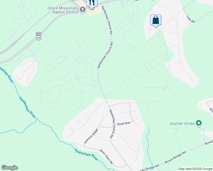 map of restaurants, bars, coffee shops, grocery stores, and more near 160 Apalachee Church Road in Auburn