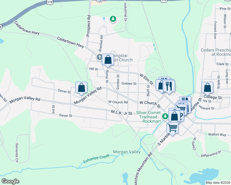 map of restaurants, bars, coffee shops, grocery stores, and more near 222 Gordon Street in Rockmart
