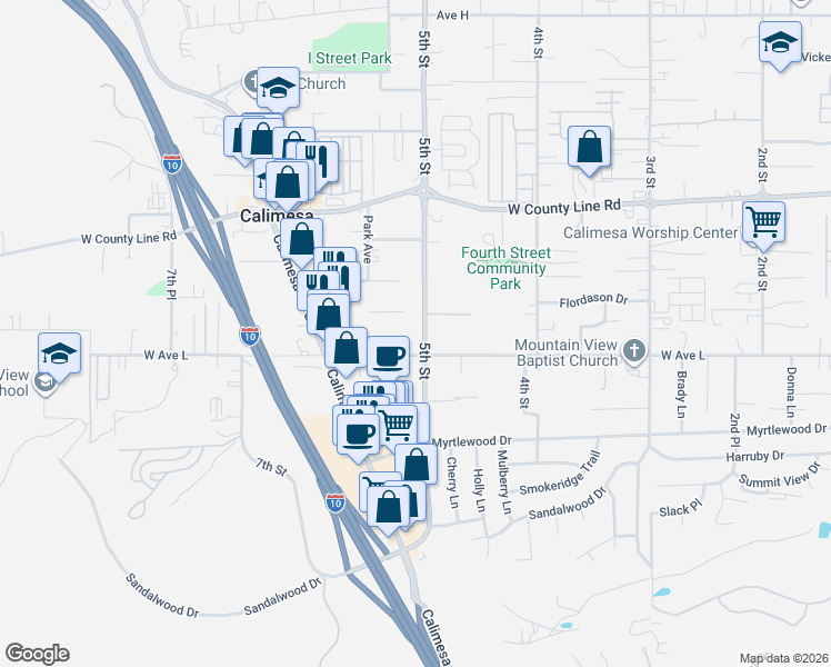 map of restaurants, bars, coffee shops, grocery stores, and more near 1026 5th Street in Calimesa