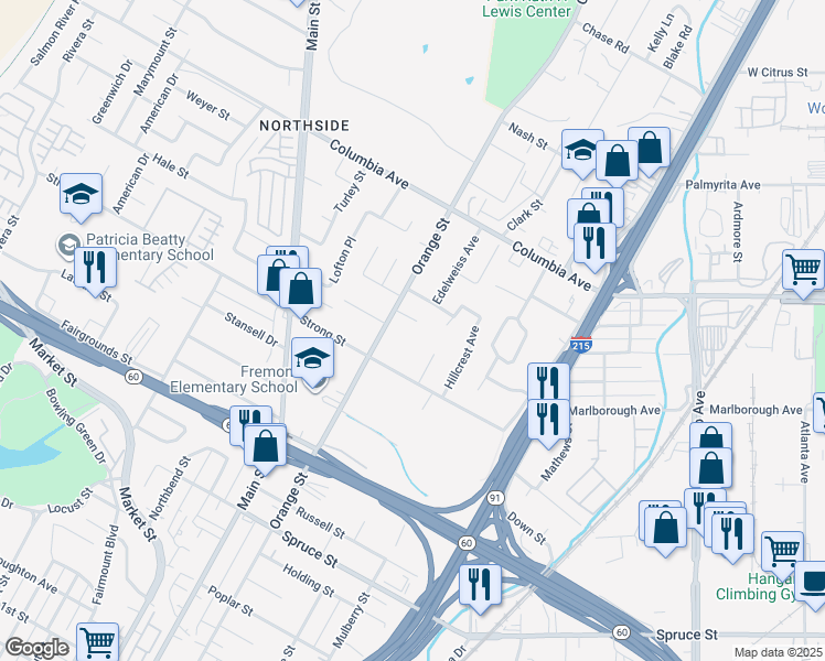 map of restaurants, bars, coffee shops, grocery stores, and more near 3518 Tyco Drive in Riverside