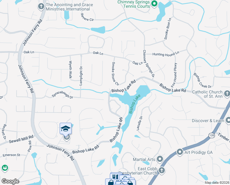 map of restaurants, bars, coffee shops, grocery stores, and more near 4540 Bishop Lake Road in Marietta