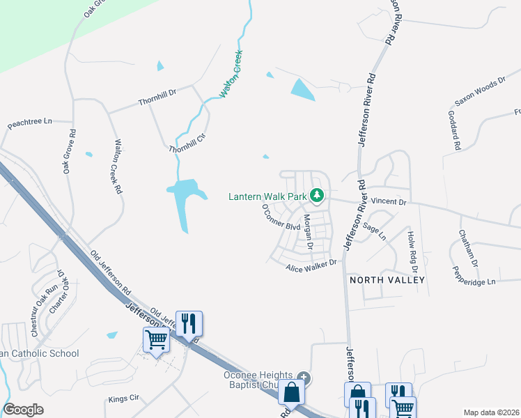 map of restaurants, bars, coffee shops, grocery stores, and more near 485 O'Conner Boulevard in Athens