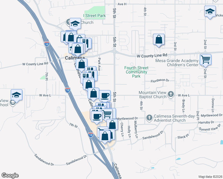 map of restaurants, bars, coffee shops, grocery stores, and more near 540 West Avenue L in Calimesa