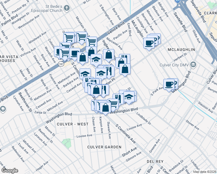 map of restaurants, bars, coffee shops, grocery stores, and more near 4013 Grand View Boulevard in Los Angeles
