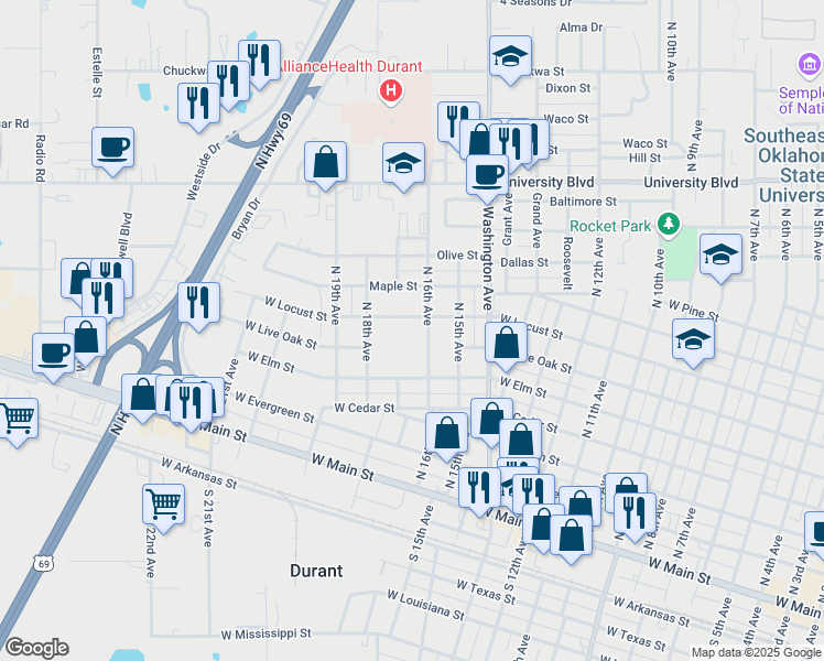 map of restaurants, bars, coffee shops, grocery stores, and more near 601 North 16th Avenue in Durant