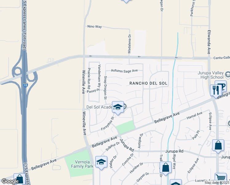 map of restaurants, bars, coffee shops, grocery stores, and more near 11638 Pansy Place in Jurupa Valley