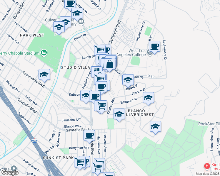 map of restaurants, bars, coffee shops, grocery stores, and more near 5528 Kinston Avenue in Culver City