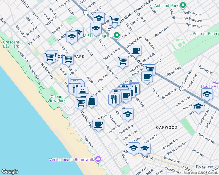 map of restaurants, bars, coffee shops, grocery stores, and more near 3113 5th Street in Santa Monica