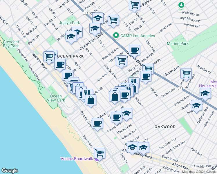 map of restaurants, bars, coffee shops, grocery stores, and more near 3113 5th Street in Santa Monica